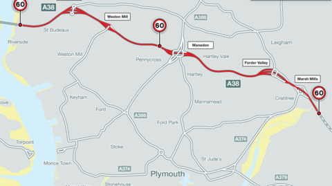 A map highlights which areas will see a speed reduction. The grey map pinpoints areas across Plymouth. A red route runs from Marsh Mills to the Tamar Bridge. A 60 speed limit sign points to the red route.