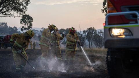 Country Fire Authority (CFA) members in Alexandra work at sunset to extinguish a grass fire.