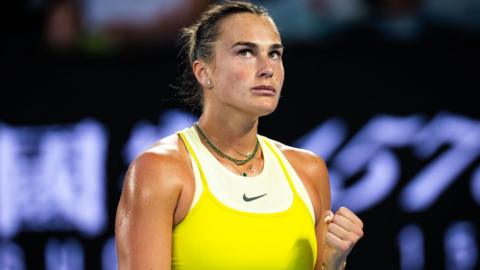 Aryna Sabalenka celebrates winning a point against Paula Badosa