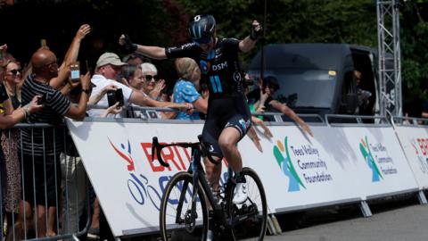 Pfeiffer Georgi winning the women's road race for the 2023 British National Road Championships at Saltburn in Redcar and Cleveland
