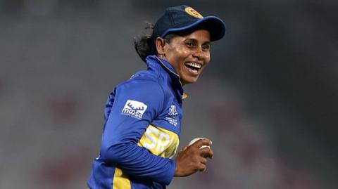 Sri Lanka's Nilakshika de Silva celebrates during their win over Bangladesh