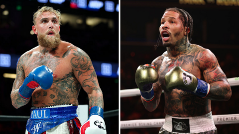 Split image of Jake Paul and Gervonta Davis in the ring