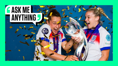 Ella Toone and Alessia Russo celebrating winning Euro 2025 with an Ask Me Anything border around them