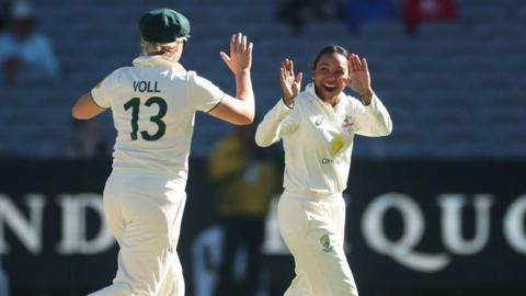 Australia leg-spinner Alana King celebrates a wicket with Georgia Voll