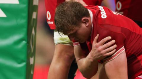 Jac Morgan holds his shoulder in pain after scoring for Wales
