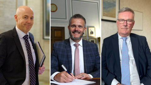 A composite image of three men all looking at the camera. They are wearing suits.