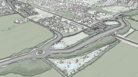 An artist's impression of the Chase Farm Link road. The road leads off from a roundabout towards Blyth.