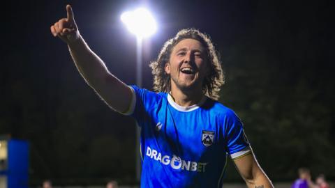 Greg Walters celebrates after scoring for Haverfordwest against Bala
