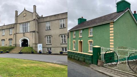 Llun o campws Prifysgol Llambed ochr yn ochr â llun o ffermdy Llettytwppa.