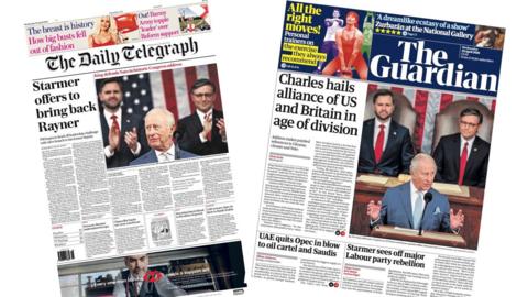A composite image of the front pages of the Daily Telegraph and the Guardian on 29 April 2026