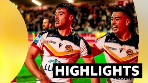 Highlights graphic with Catalans players celebrating