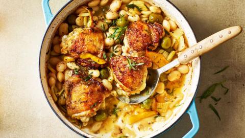 Chicken with fennel, lemon and beans.