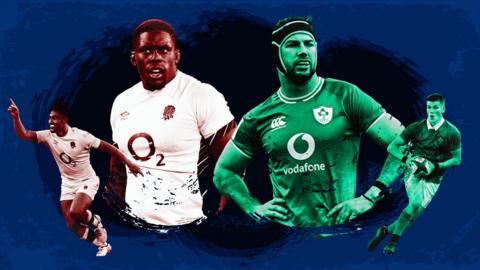 Marcus Smith and Maro Itoje of England and Caelan Doris and Sam Prendergast of Ireland