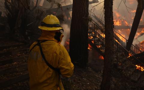 Firefighter seen from the back sprays a hose into a burining home on the grounds 