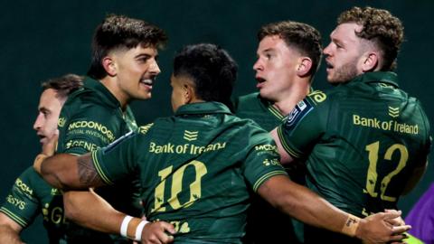 Sean Naughton celebrates scoring a try for Connacht