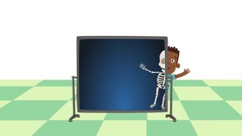 Cartoon image of a boy in front of an x ray screen, part of his skeleton is visible due to the x ray effect of the screen 
