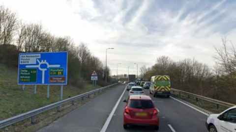 A google image of multiple cars sat in traffic on the M1 junction 28 near Pinxton in Derbyshire