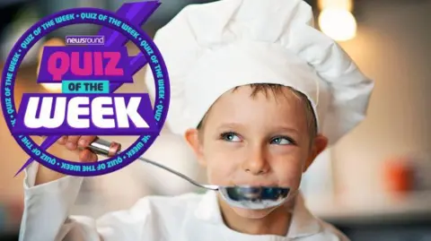 Boy dressed up as a chef with the Quiz of the Week logo.