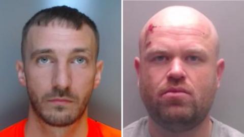 Mugshots of two men. The left one has short dark hair and a stubbly bear, the right a bald head with a cut on his forehead and stubble