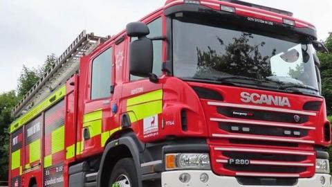 A picture of a Scania fire engine. It is outside and parked in front of some trees. It is red and high-visibility yellow with a large metal ladder on its roof. 