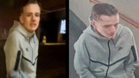 A young man is seen in two images. He is wearing a grey hoodie and has brown short hair and fair skin. He has his hands in his pockets.