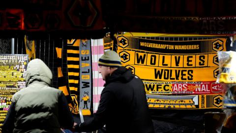 Wolverhampton Wanderers merchandise for sale near the stadium ahead of the Premier League match at Molineux, Wolverhampton