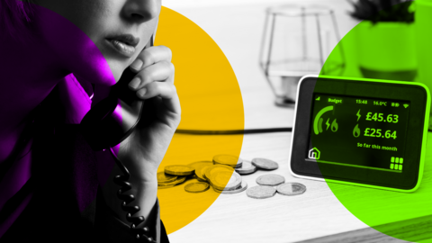 Stylised picture of a woman on the phone with cash on a table and a smart meter display in the foreground.