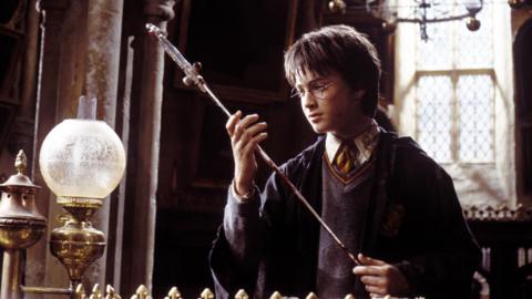 Daniel Radcliffe in the Harry Potter movie holding the sword of Godric Gryffindor 