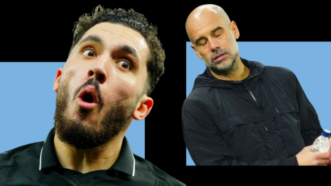 Manchester City forward Rayan Cherki (left) and boss Pep Guardiola