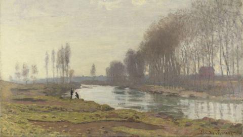 Claude Monet's painting called The Petit Bras of the Seine at Argenteuil (1872). It depicts a green river with marshland and brown bog to the left of the river. There are two black silhouettes crouched and standing by the river. The trees are bare.