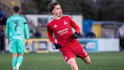 Connah's Quay Nomads' Callum West celebrates scoring against Barry
