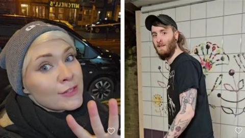 Two images. Left, a woman with short blonde hair dressed in a thick black coat, black scarf and grey woolly hat. She is standing on the pavement of a dark street, with a car and pub behind her.
Right, a man in a baseball cap and black t-shirt is walking beside a tiled wall. He has a tattoo sleeve, thick beard and piercings.