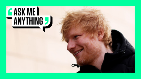 Ed Sheeran looks on with an Ask Me Anything border around him