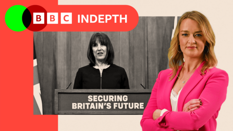A treated image of Rachel Reeves standing on a podium that reads: "Securing Britain's Future" with a edited image of Laura K on the side