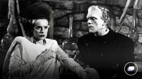 A black and white picture of Frankenstein and the Bride Of Frankenstein.