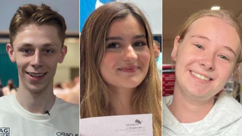 A composite image of a young man and two young women smiling at the camera: Harry, Meghan and Olivia, from left to right. Harry has short blonde hair and wears a white t-shirt. Meghan has long blonde hair and is holding her results on a sheet of paper. Olivia is wearing a grey hoodie and has her blonde hair tied back.