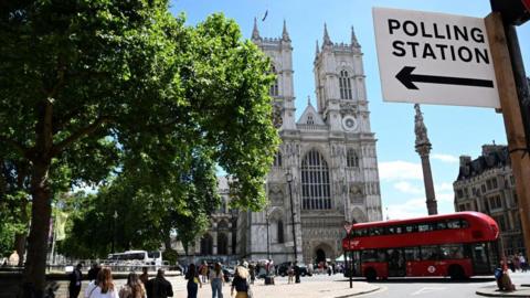 Westminster Abbey on a sunny day. There is a red London bus driving past the abbey and a sign affixed to a post that says Polling Station. 