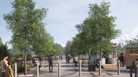 A walkway, including people standing, is in the middle alongside a number of trees. A fence is on the left and a "food truck" on the far right of the photo.