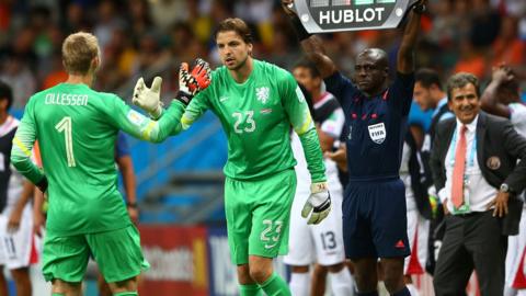 Goalkeeper Tim Krul of the Netherlands enters the game for Jasper Cillessen during the 2014 FIFA World Cup Brazil Quarter Final match between the Netherlands and Costa Rica at Arena Fonte Nova on July 5, 2014 in Salvador, Brazil.