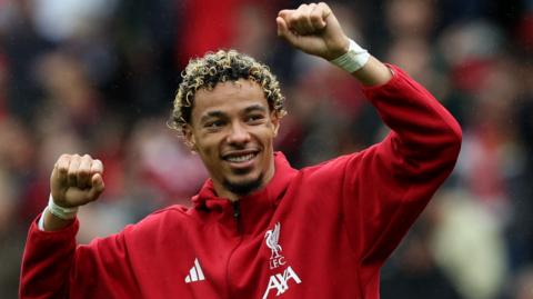 Liverpool player Hugo Ekitike celebrating after his team has won