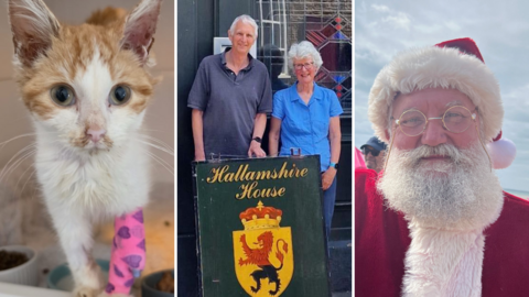Three side-by-side images; a ginger and white kitten with a bandage around her leg. In the middle, an older man and woman stand with a large painted sign with a coat of arms and Hallamshire House written across it. On the right, a man dressed as Father Christmas with a white beard, glasses and a red suit with a white fur trim.