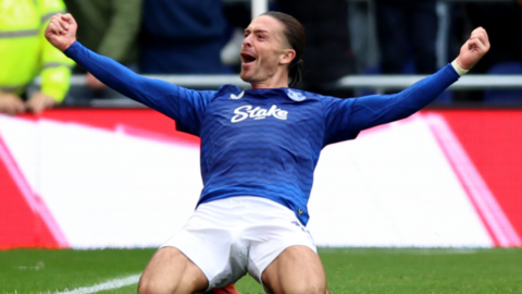 Jack Grealish celebrates scoring Everton's winner against Crystal Palace
