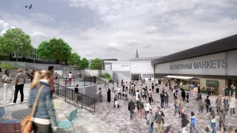A computer drawing of people enjoying outdoor market space.