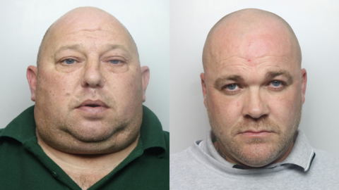 Mugshots of Perry Phillips and Gary Worthington, with Phillips on the left. Phillips is wearing a green T-shirt and is bald. Worthington is wearing a grey T-shirt and top. He is also bald. They are both expressionless.