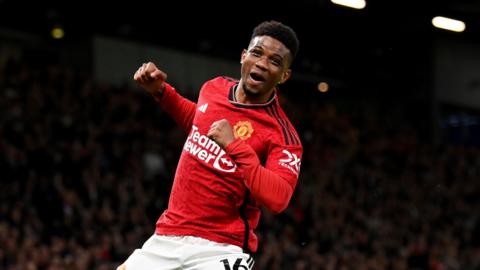 Amad Diallo celebrates scoring for Manchester United in the Premier League