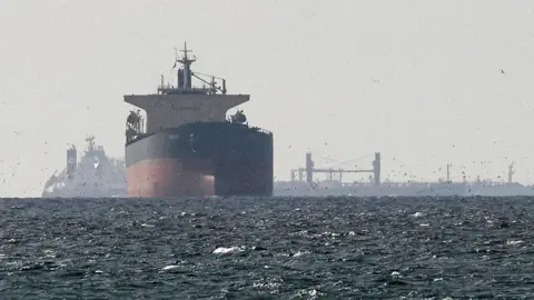FILE PHOTO: Cargo ships in the Gulf, near the Strait of Hormuz, as seen from northern Ras al-Khaimah, near the border with Oman’s Musandam governance, amid the U.S.-Israeli conflict with Iran, in United Arab Emirates, March 11, 2026. 