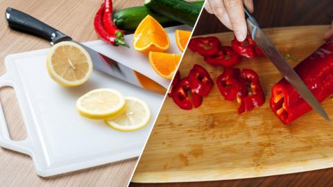 Split image of marble (left), wooden (middle) and plastic (right) chopping boards.