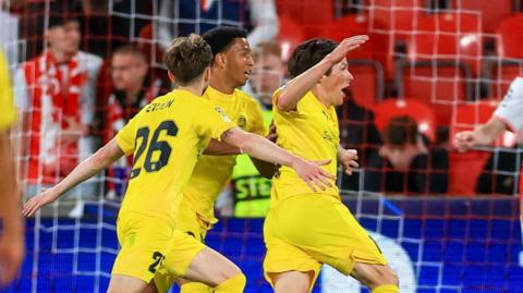 Bodo/Glimt celebrate scoring against Slavia Prague