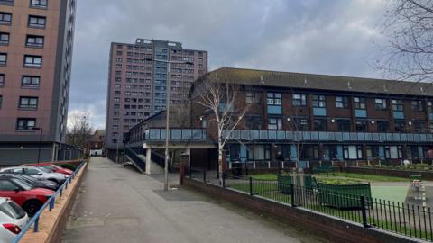 Photograph of homes on the Mottram Street estate in Stockport. The housing is a three-storey brown brick building with a balcony running around the second storey which you can access via a ramp. At the front there is a green area with children's play equipment and planters. 