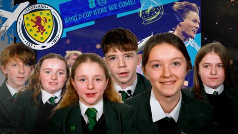 children with a scotland football team graphic behind them